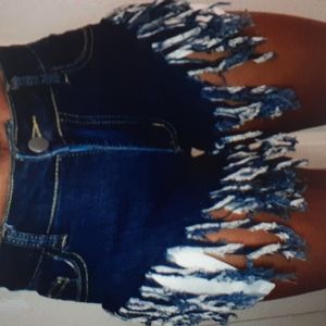 Shein SXY Fringe Trim Slant Pocket Denim Shorts